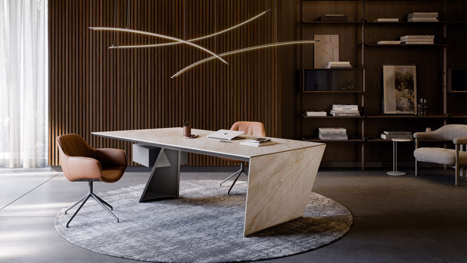 Cattelan Italia のデザイナーズデスク Nasdaq と斜めのスチール脚