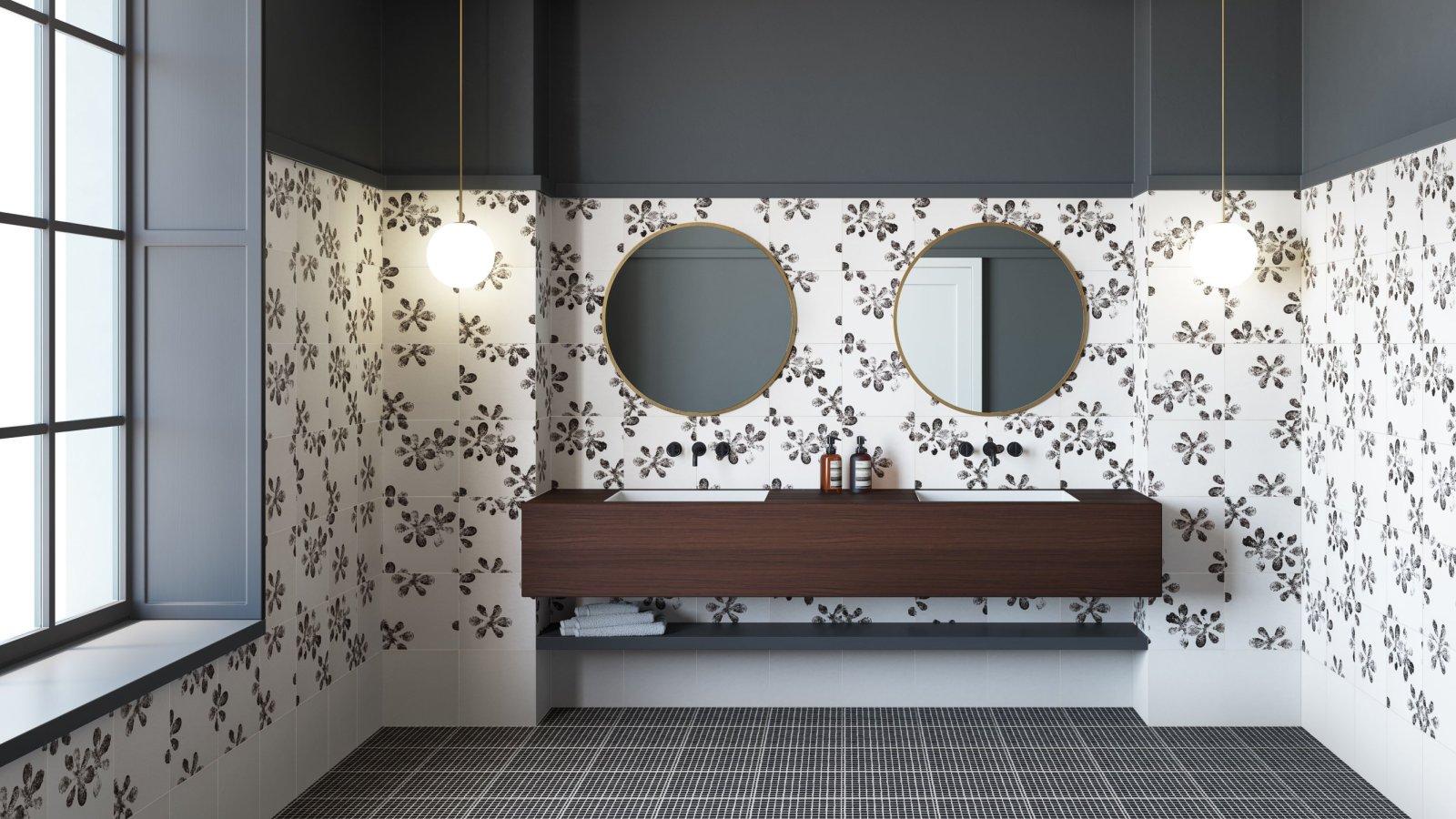 白黒テクスチャーの Mutina Chymia 磁器質タイルの床