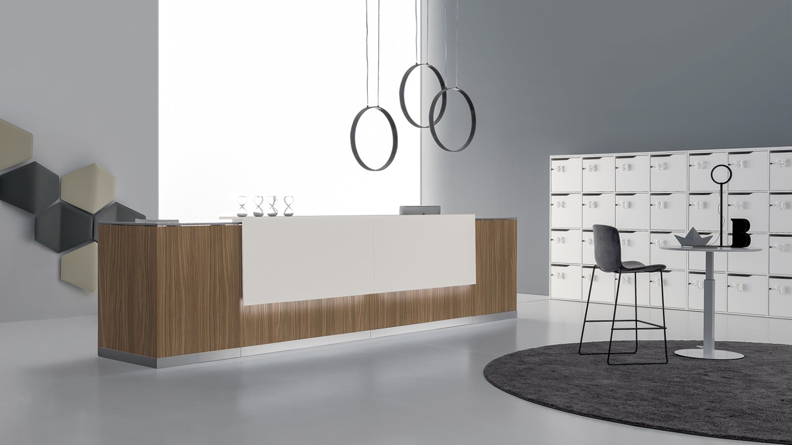 DVO Officeの受付カウンター Qubo、ナチュラルオークに白いトップ