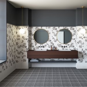 白黒テクスチャーの Mutina Chymia 磁器質タイルの床