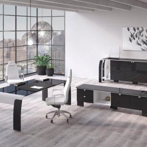 Codutti のモダンなエグゼクティブデスク AlfaOmega、エボニー色オークの Omega
