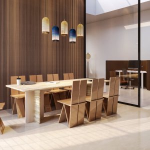 Codutti の会議テーブル Ginza、ローマ産トラバーチンの天板を二枚の構造パネルが支える