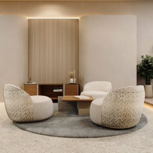 石の天板の下、取っ手のないプッシュ式引き出しを備えた Ginza Tower