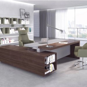 モダンデスク Ducale（Estel）、直角に組んだサービスユニットと突板の書棚