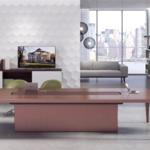Estel の長方形会議テーブル、中央の配線コラムと一列のトップアクセス