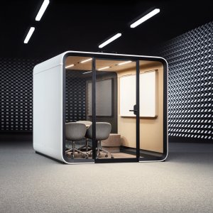 壁のホワイトボードを使う Framery Six での打合せ