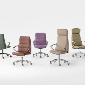 トープの合成皮革を張ったハイバックのKlivia、役員デスクの後ろ