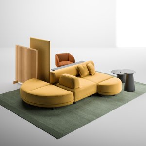 ロビー中央に置いた Node+ のアイランド座面 180 × 180 cm
