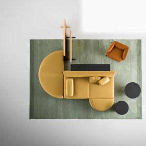 木製ルーバーのパーティションと LaCividina の座面