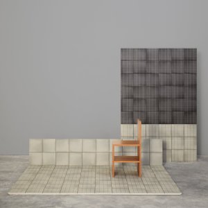 Aurore Charcoal と Light Blue Grid L の対比張り