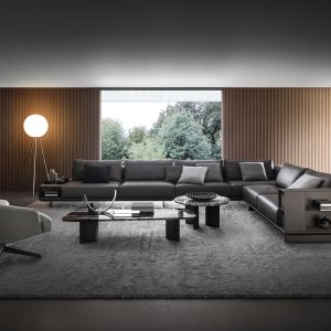 i4Mariani のモジュールソファ Asso、レザー張りとチタン色の鋼板脚